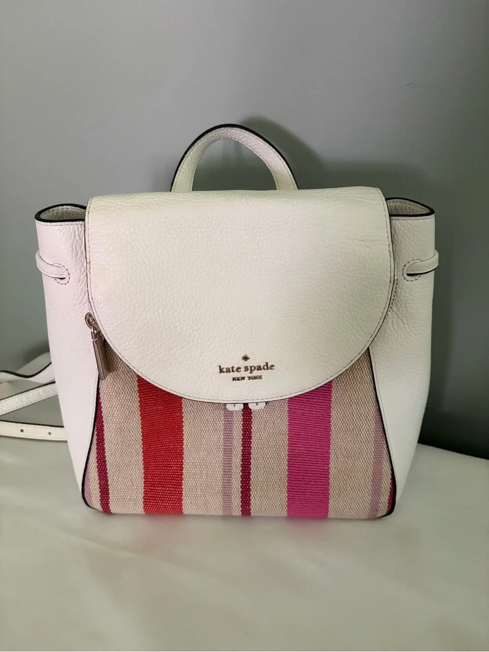 Kate Spade Leila Stripe White Leather Backpack with Pink & Red Stripe